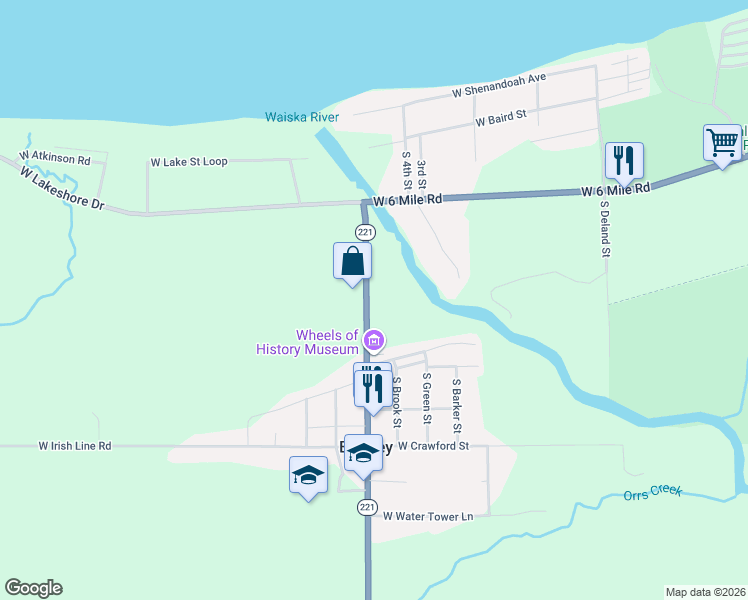 map of restaurants, bars, coffee shops, grocery stores, and more near 6709 Michigan 221 in Brimley