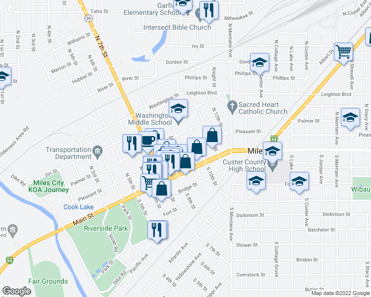 map of restaurants, bars, coffee shops, grocery stores, and more near 903 Pleasant Street in Miles City