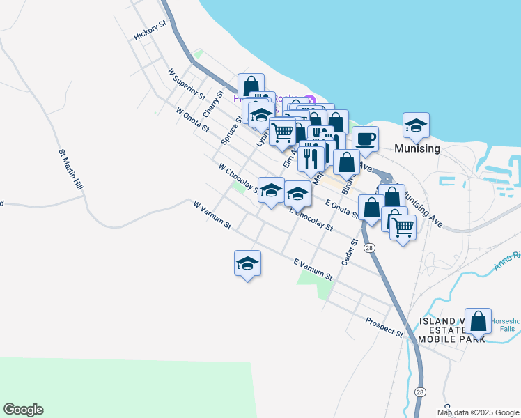 map of restaurants, bars, coffee shops, grocery stores, and more near 408 Elm Avenue in Munising