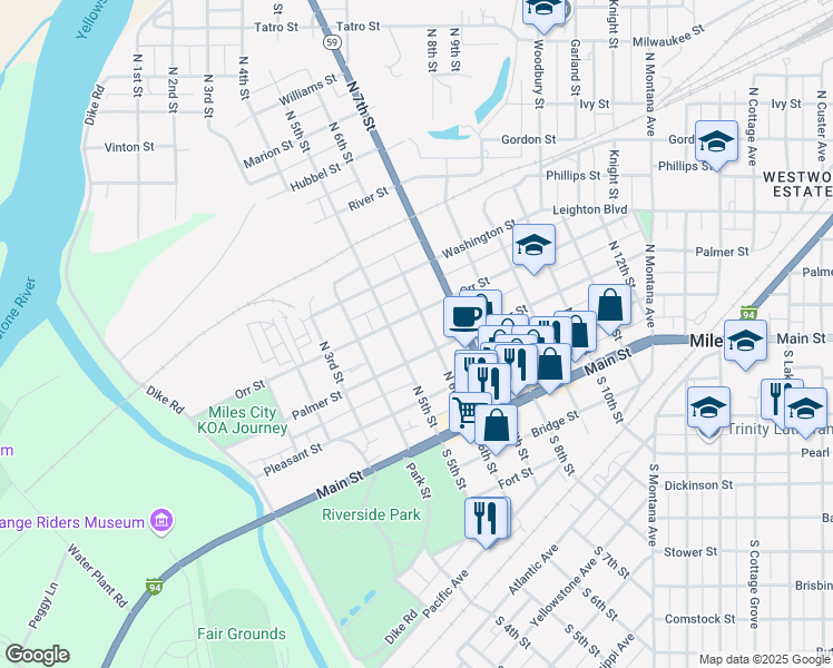 map of restaurants, bars, coffee shops, grocery stores, and more near 206 North 6th Street in Miles City