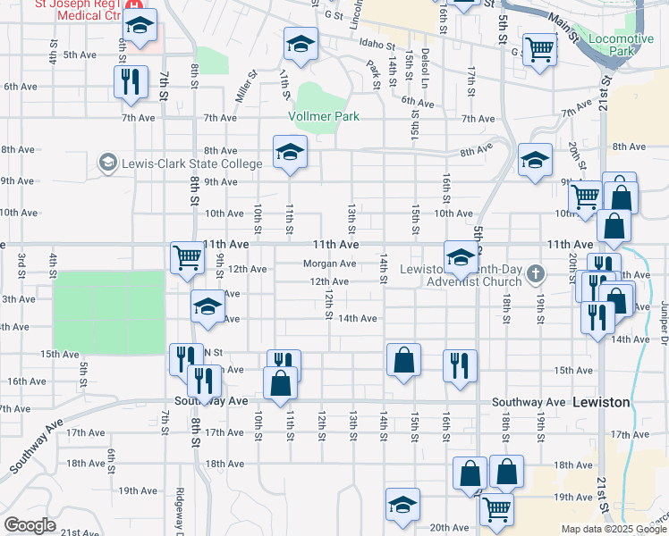 map of restaurants, bars, coffee shops, grocery stores, and more near 1131 12th Street in Lewiston