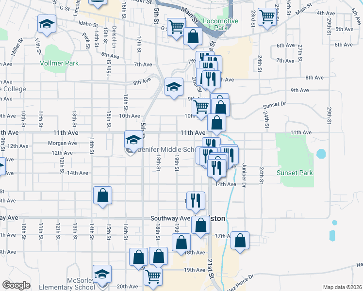 map of restaurants, bars, coffee shops, grocery stores, and more near 1903 12th Avenue in Lewiston
