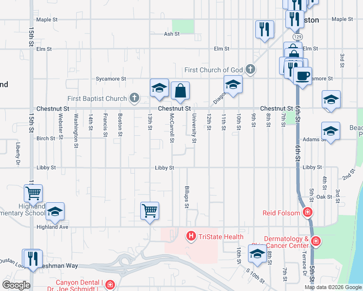 map of restaurants, bars, coffee shops, grocery stores, and more near 1115 College Court in Clarkston