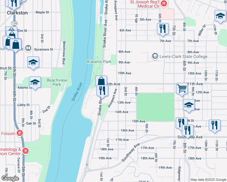 map of restaurants, bars, coffee shops, grocery stores, and more near 1120 Prospect Avenue in Lewiston