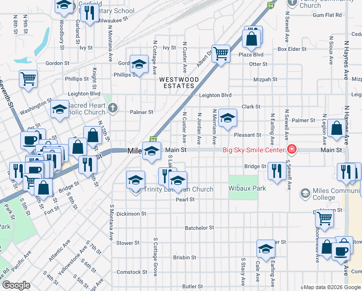 map of restaurants, bars, coffee shops, grocery stores, and more near 3 North Custer Avenue in Miles City