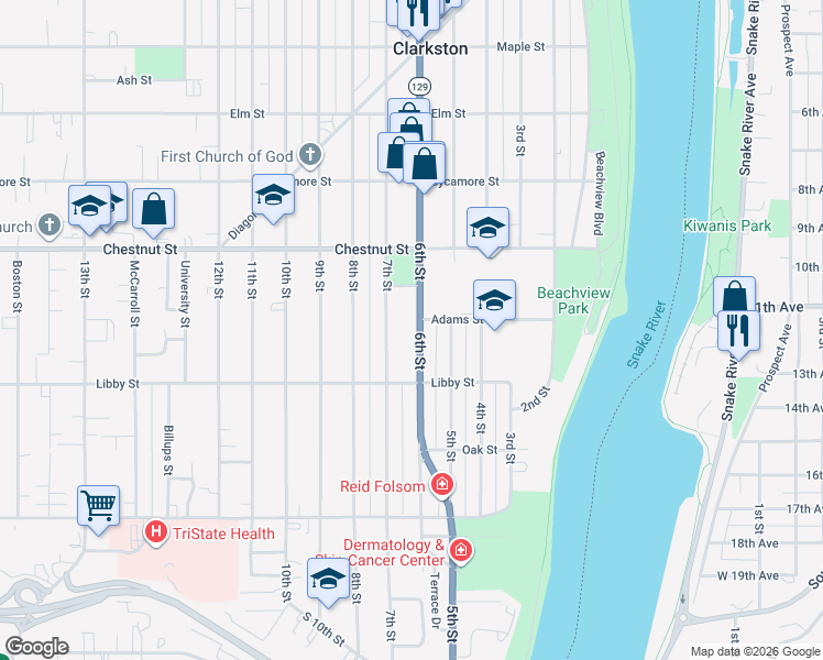 map of restaurants, bars, coffee shops, grocery stores, and more near 1108 6th Street in Clarkston