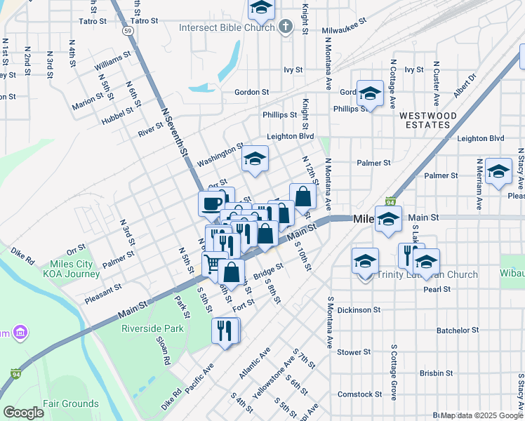 map of restaurants, bars, coffee shops, grocery stores, and more near 903 Pleasant Street in Miles City