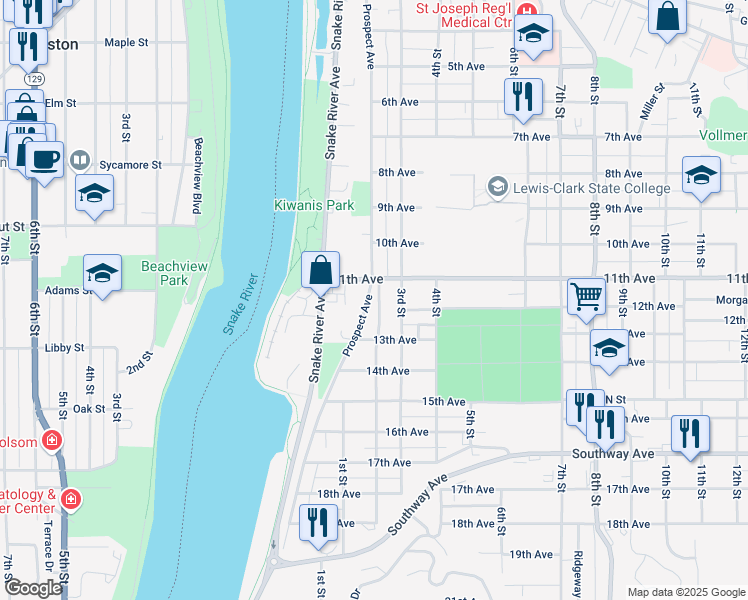 map of restaurants, bars, coffee shops, grocery stores, and more near 1120 Prospect Avenue in Lewiston