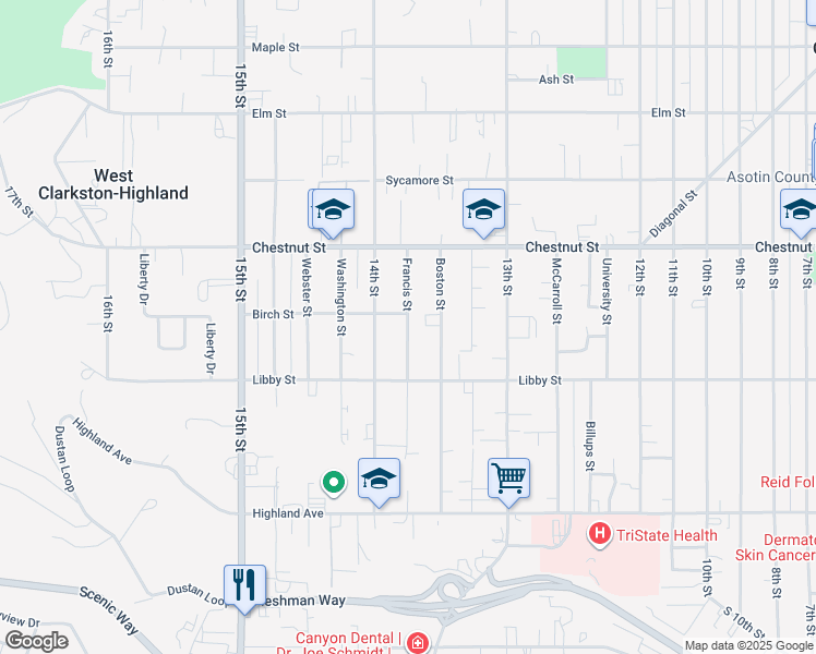 map of restaurants, bars, coffee shops, grocery stores, and more near 1126 Francis Street in Clarkston