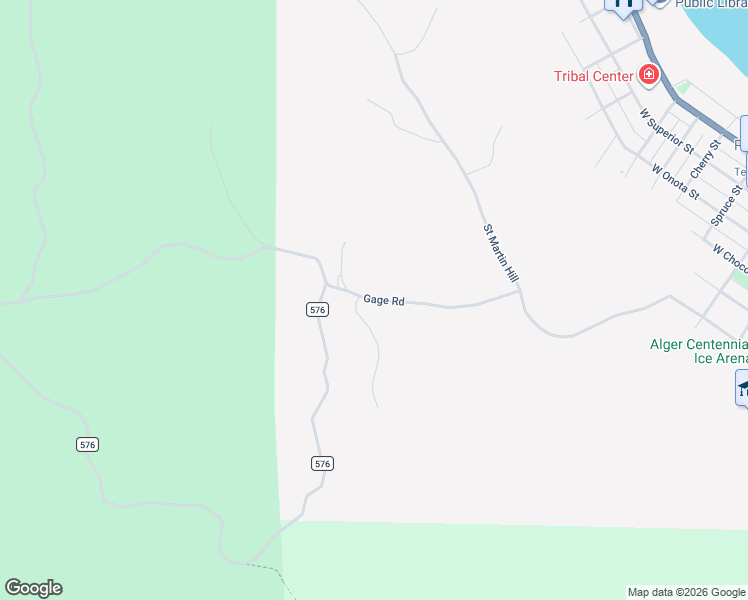 map of restaurants, bars, coffee shops, grocery stores, and more near Gage Road in Munising