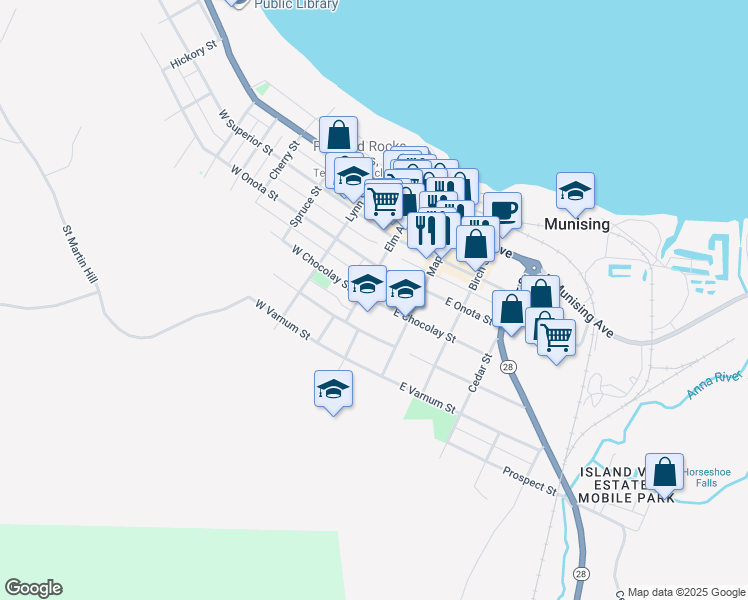 map of restaurants, bars, coffee shops, grocery stores, and more near 124 E Chocolay St in Munising
