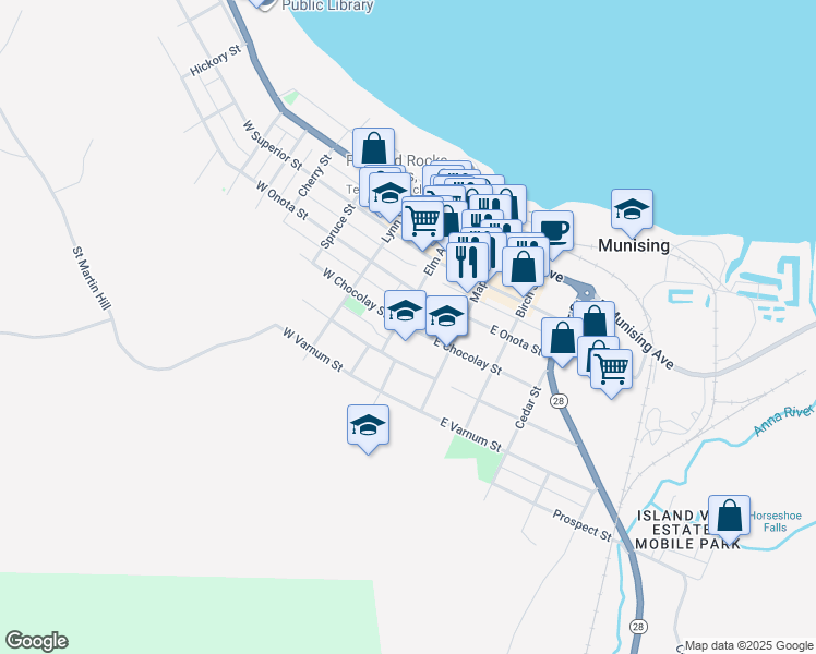 map of restaurants, bars, coffee shops, grocery stores, and more near 117 East Chocolay Street in Munising