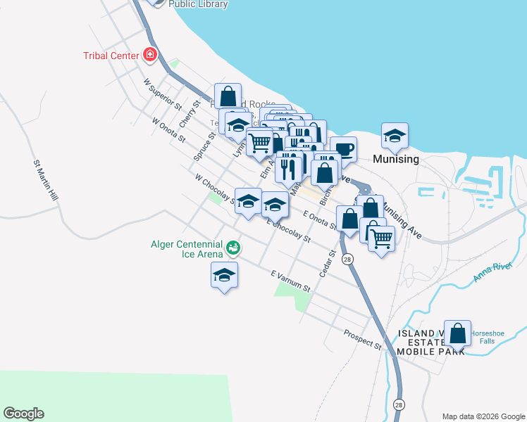 map of restaurants, bars, coffee shops, grocery stores, and more near 124 East Chocolay Street in Munising