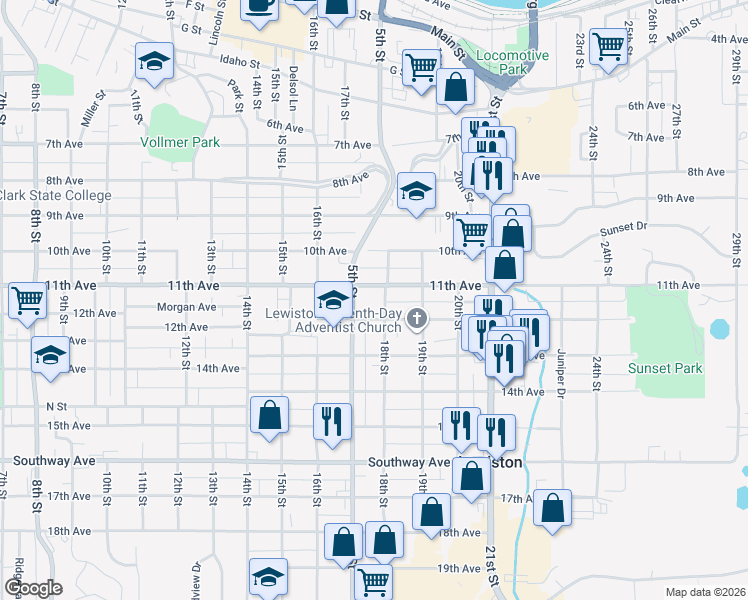 map of restaurants, bars, coffee shops, grocery stores, and more near 1125 17th Street in Lewiston