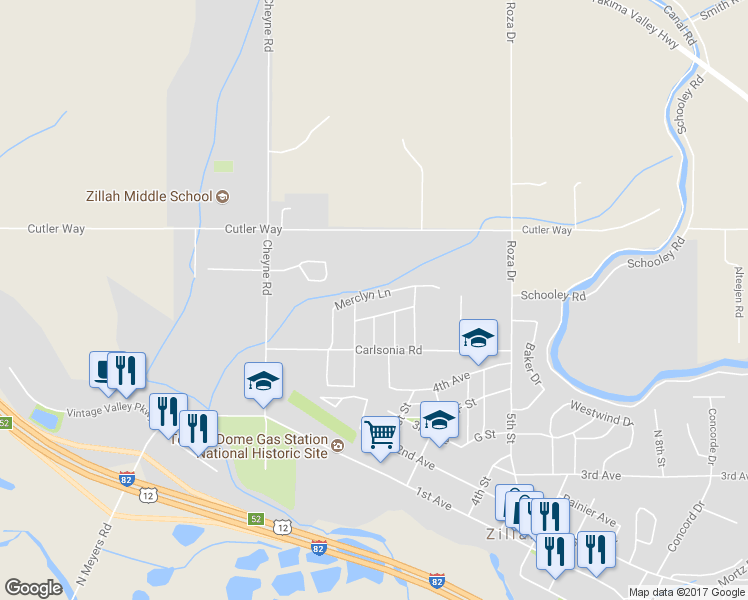 map of restaurants, bars, coffee shops, grocery stores, and more near 521 Merclyn Lane in Zillah