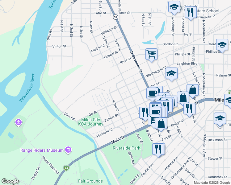 map of restaurants, bars, coffee shops, grocery stores, and more near 301-399 North 3rd Street in Miles City