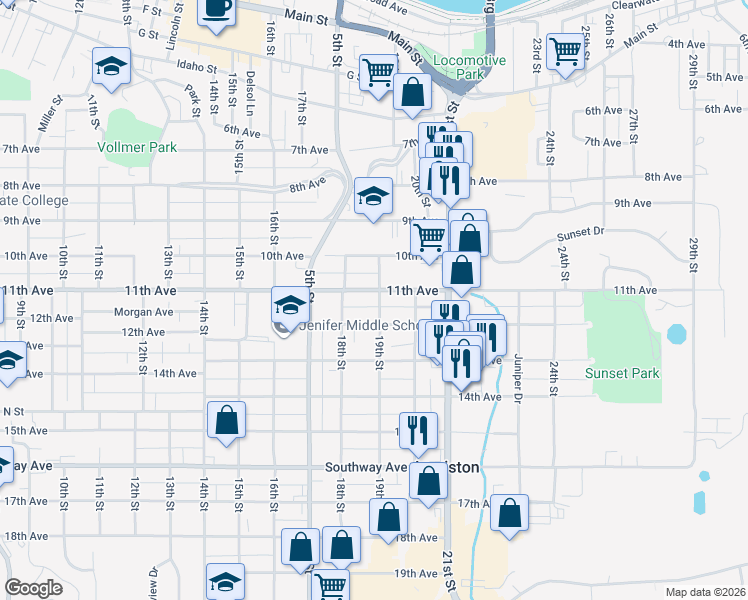 map of restaurants, bars, coffee shops, grocery stores, and more near 1903 12th Avenue in Lewiston