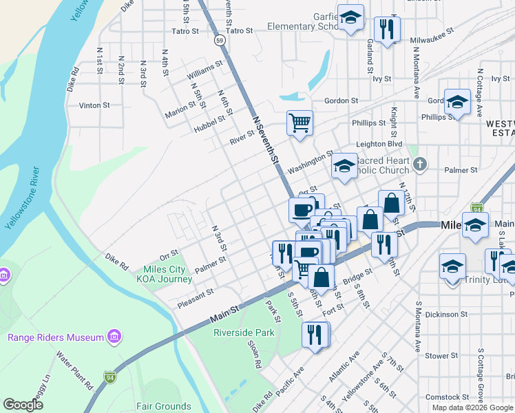 map of restaurants, bars, coffee shops, grocery stores, and more near 215-299 North 5th Street in Miles City
