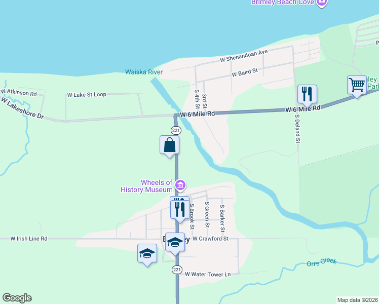 map of restaurants, bars, coffee shops, grocery stores, and more near 6709 Michigan 221 in Brimley