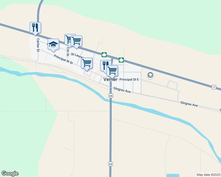 map of restaurants, bars, coffee shops, grocery stores, and more near 11778 Ontario 64 in Verner