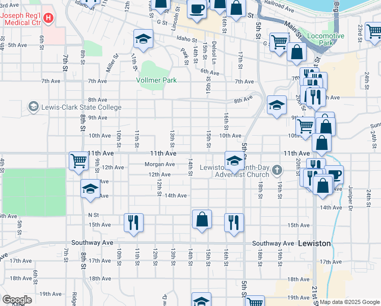 map of restaurants, bars, coffee shops, grocery stores, and more near 1098 14th Street in Lewiston