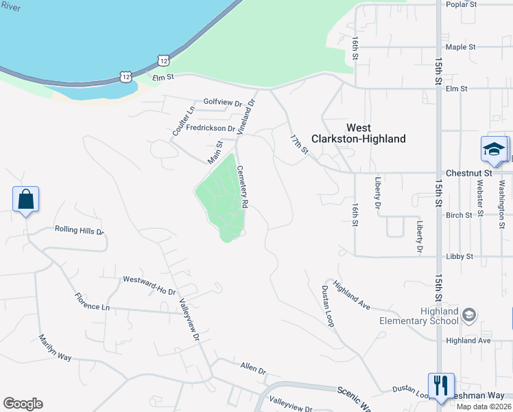 map of restaurants, bars, coffee shops, grocery stores, and more near 1141 Vineland Drive in Clarkston