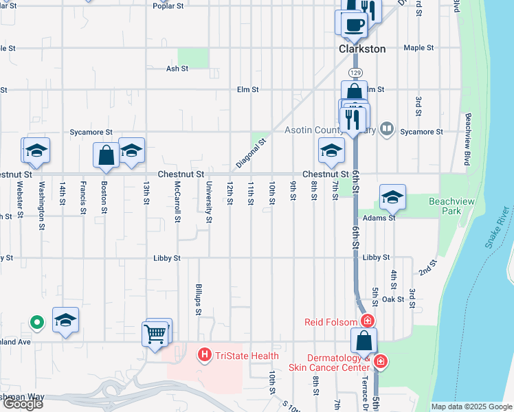 map of restaurants, bars, coffee shops, grocery stores, and more near 1024 10th Street in Clarkston