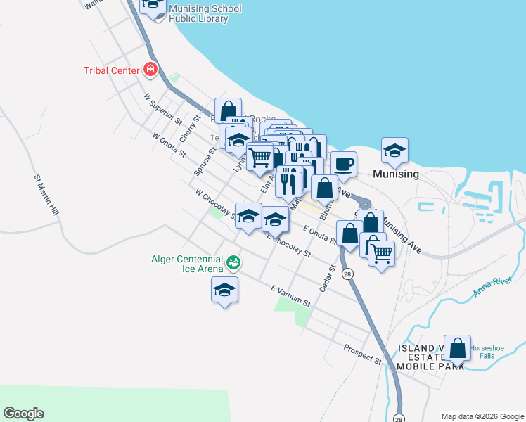 map of restaurants, bars, coffee shops, grocery stores, and more near 110 West Onota Street in Munising