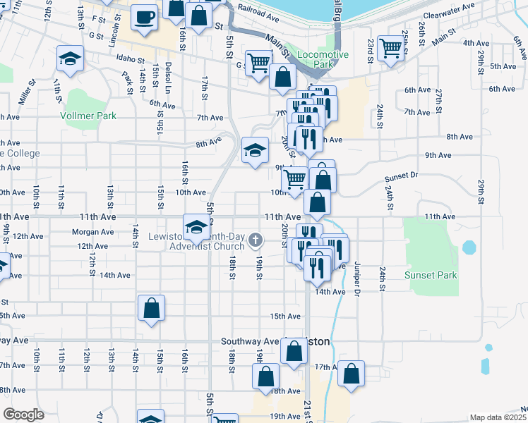 map of restaurants, bars, coffee shops, grocery stores, and more near 1903 11th Avenue in Lewiston