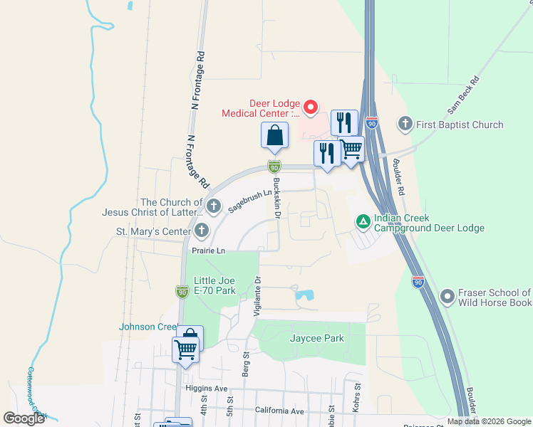 map of restaurants, bars, coffee shops, grocery stores, and more near 701 Buckskin Drive in Deer Lodge