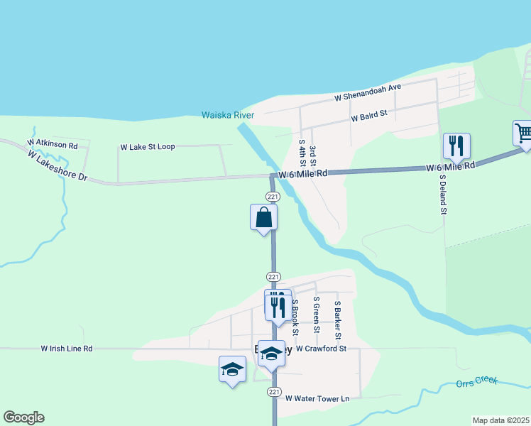 map of restaurants, bars, coffee shops, grocery stores, and more near 6582 Michigan 221 in Brimley