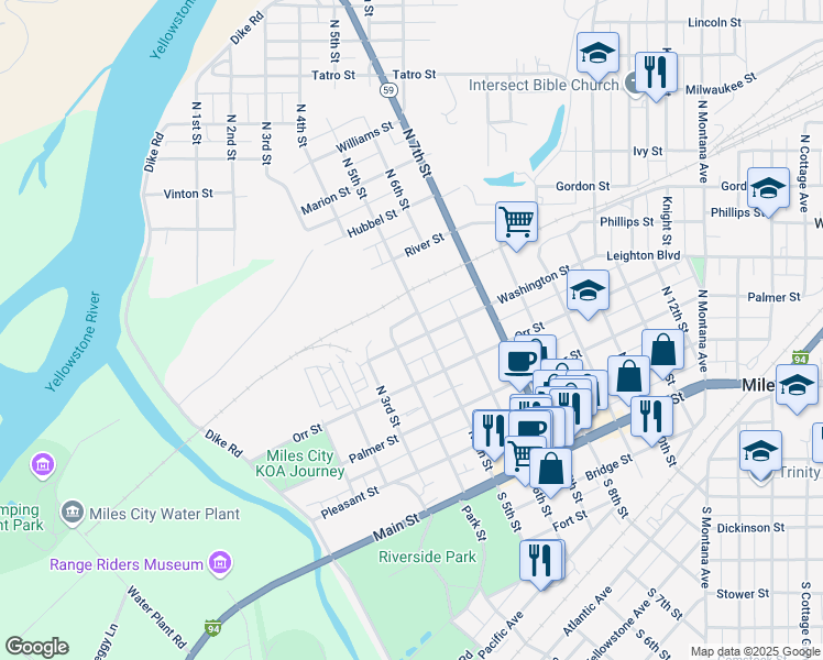 map of restaurants, bars, coffee shops, grocery stores, and more near 415 Washington Street in Miles City