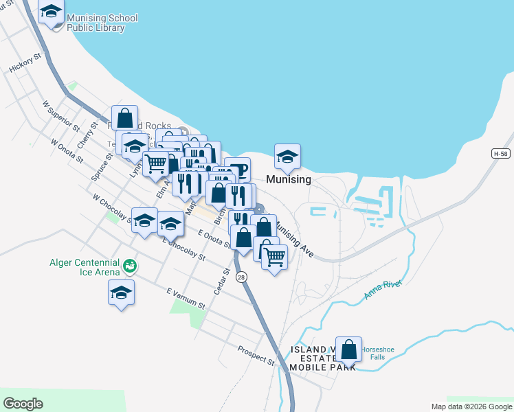 map of restaurants, bars, coffee shops, grocery stores, and more near Michigan 28 in Munising