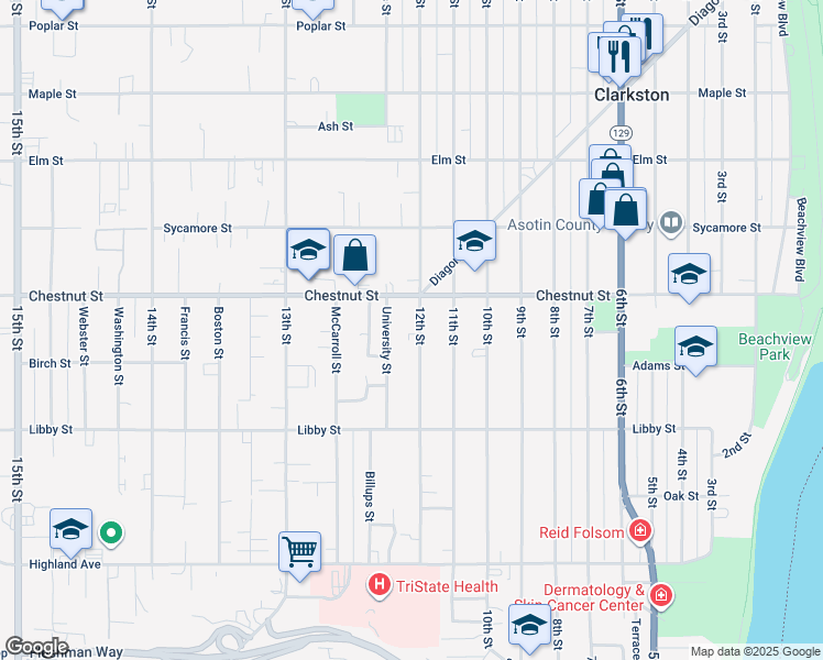 map of restaurants, bars, coffee shops, grocery stores, and more near 1024 12th Street in Clarkston