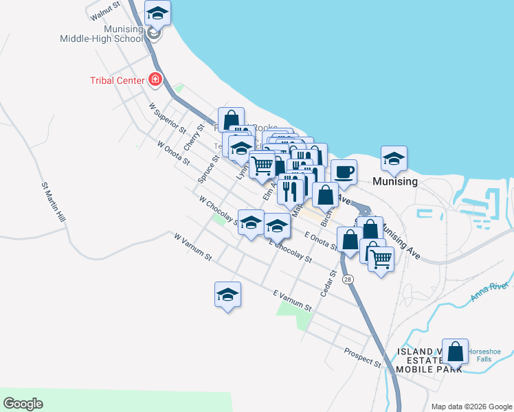 map of restaurants, bars, coffee shops, grocery stores, and more near 110 West Onota Street in Munising