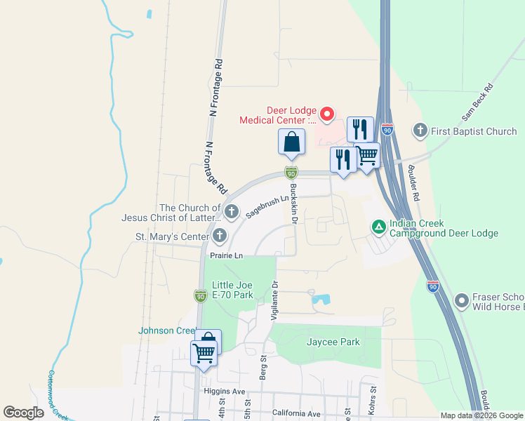 map of restaurants, bars, coffee shops, grocery stores, and more near 763 Sagebrush Lane in Deer Lodge