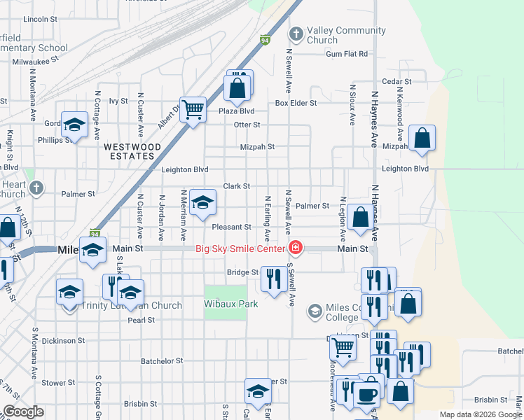 map of restaurants, bars, coffee shops, grocery stores, and more near 119 North Earling Avenue in Miles City