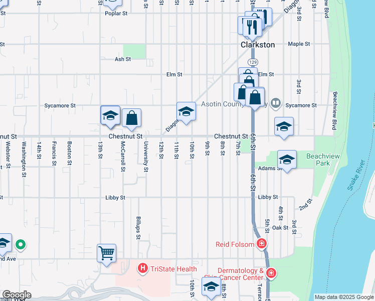 map of restaurants, bars, coffee shops, grocery stores, and more near 1024 10th Street in Clarkston