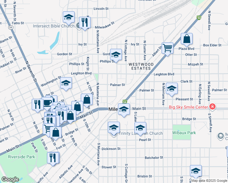 map of restaurants, bars, coffee shops, grocery stores, and more near 111 North Center Avenue in Miles City