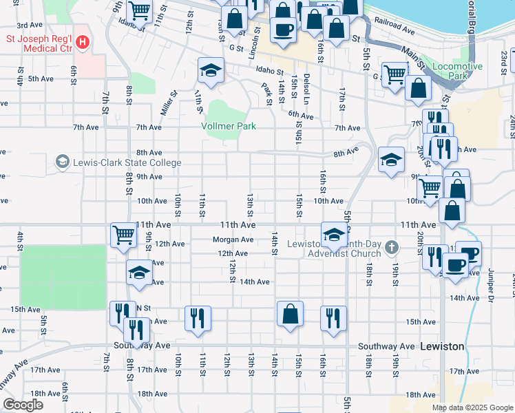 map of restaurants, bars, coffee shops, grocery stores, and more near 1308 10th Avenue in Lewiston