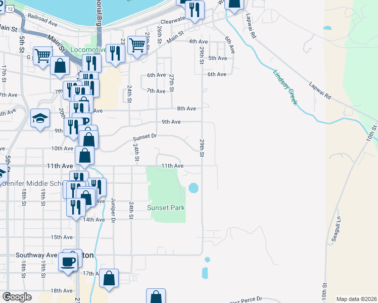 map of restaurants, bars, coffee shops, grocery stores, and more near 2814 Sunset Drive in Lewiston