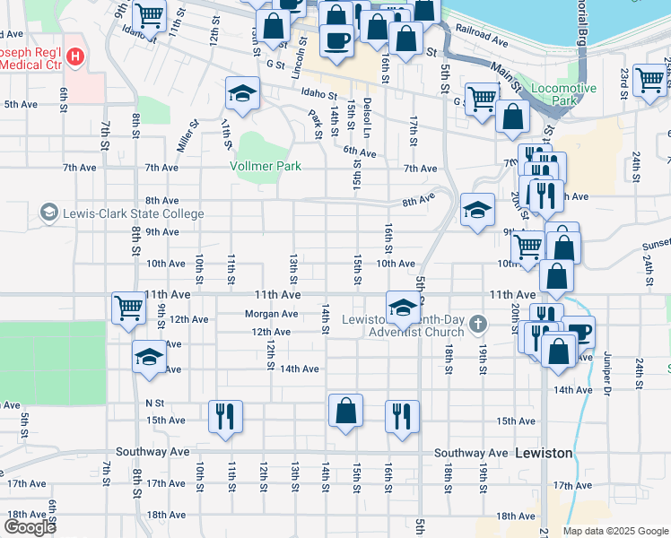 map of restaurants, bars, coffee shops, grocery stores, and more near 1408 10th Ave in Lewiston