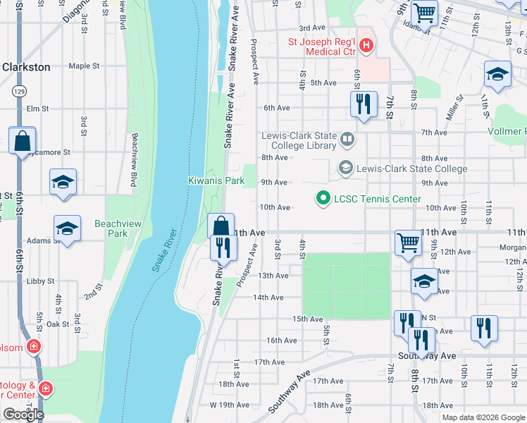 map of restaurants, bars, coffee shops, grocery stores, and more near 1012 3rd Street in Lewiston