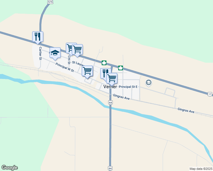 map of restaurants, bars, coffee shops, grocery stores, and more near 41 Principal Street East in Verner