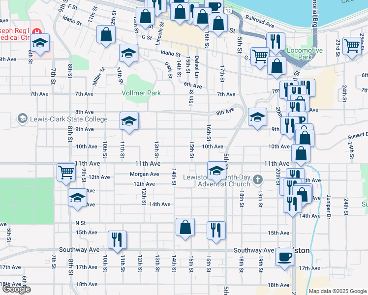 map of restaurants, bars, coffee shops, grocery stores, and more near 1408 10th Avenue in Lewiston