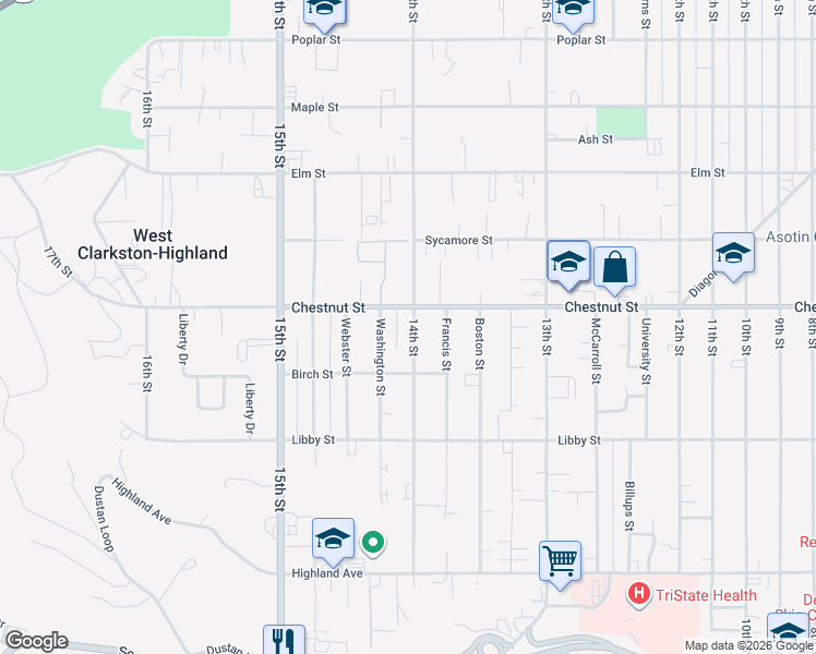 map of restaurants, bars, coffee shops, grocery stores, and more near 1030 14th Street in Clarkston