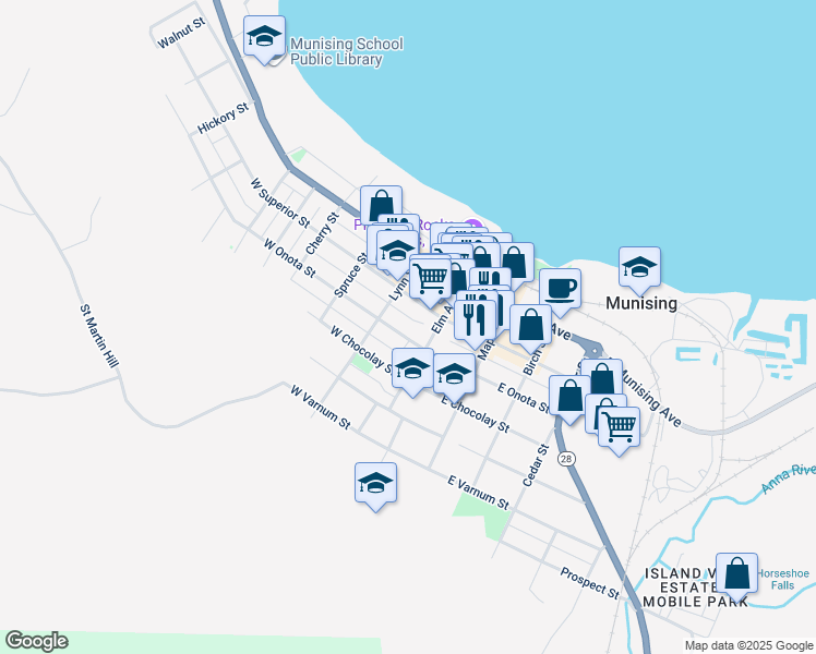 map of restaurants, bars, coffee shops, grocery stores, and more near 110 West Onota Street in Munising