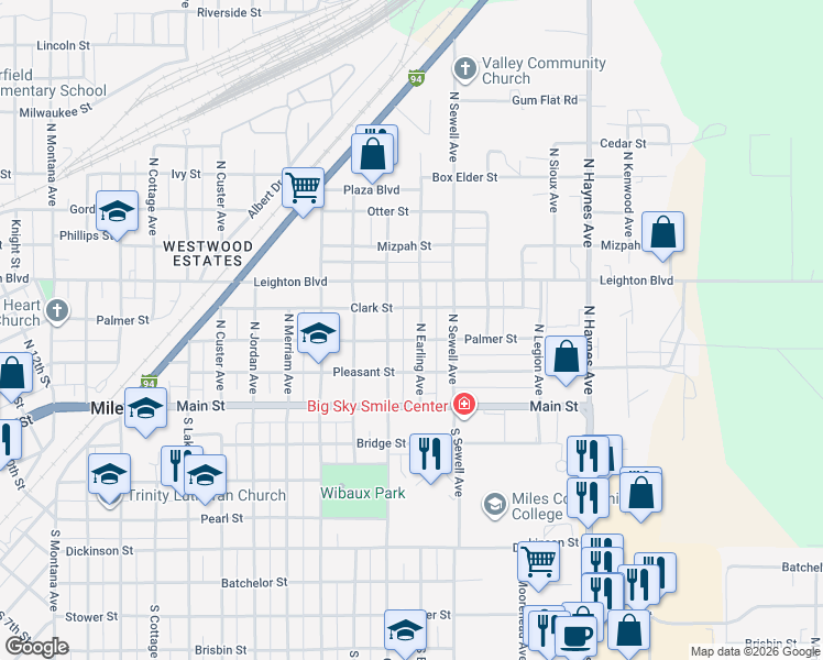 map of restaurants, bars, coffee shops, grocery stores, and more near 119 North Earling Avenue in Miles City