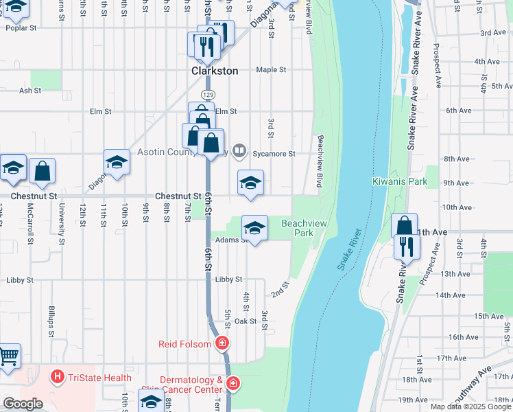 map of restaurants, bars, coffee shops, grocery stores, and more near 401 Chestnut Street in Clarkston