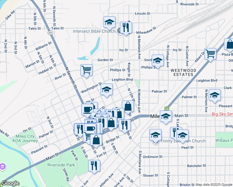 map of restaurants, bars, coffee shops, grocery stores, and more near 1019 Palmer Street in Miles City